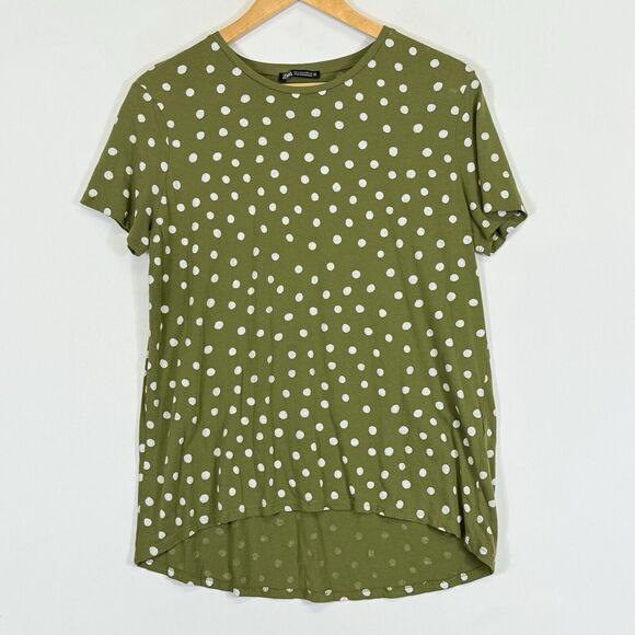 Zara Olive Green White Polka Dot‎ Hi Low Jersey Knit T-Shirt Top Women's Medium - Picture 1 of 7